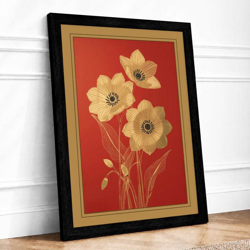Pale Blooms On Red Botanical - Print, A2 - 59.4 x 42.0 cm, Black