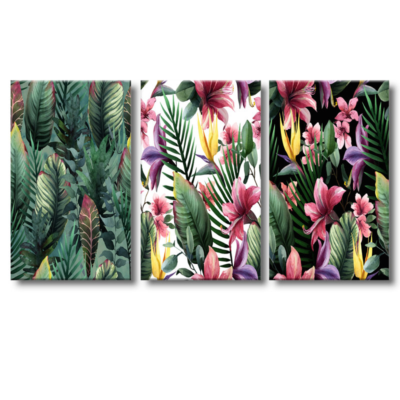 Feuilles de palmier tropicales dans la jungle - ensemble d'art traditionnel de 3 pièces, H 32 po x l 48 po x P 1 po