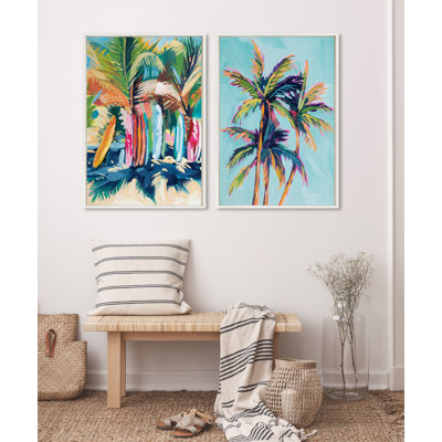 Surf and Sand and Tropical Palms Study by Rachel Christopoulos Framed Canvas Wall Art Set