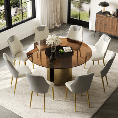 Ensemble de table de salle à manger moderne de 59 pouces, table de salle à manger en verre brun foncé, avec base en acier au carbone cuivré antique, convient à la cuisine familiale et au salon (une table avec 8 chaises)