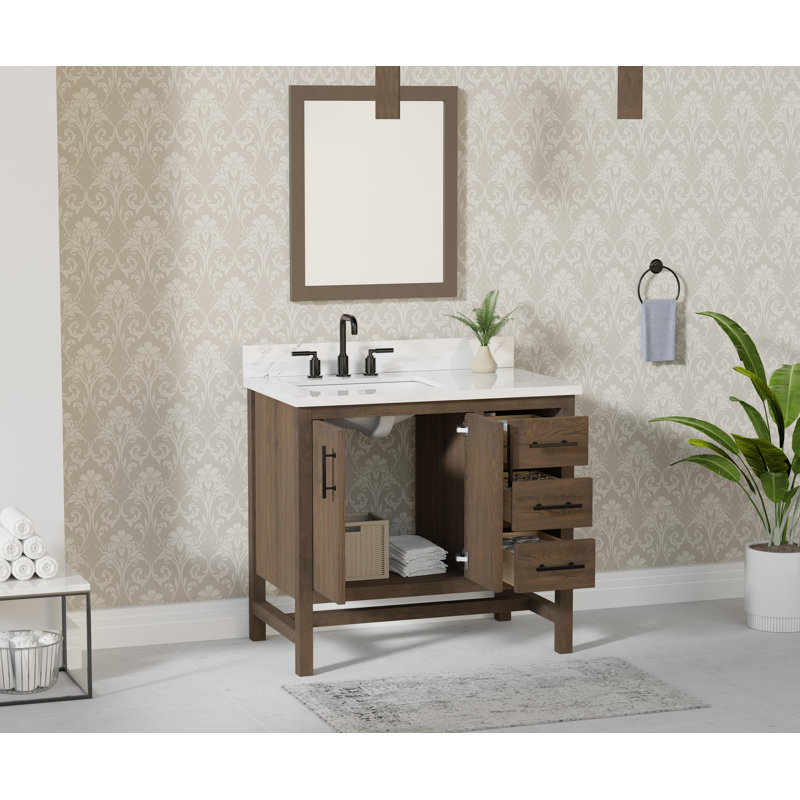Meuble-lavabo simple Solon de 36 po avec comptoir en pierre frittée Calacatta, évier et dosseret, bois massif, pré-assemblé