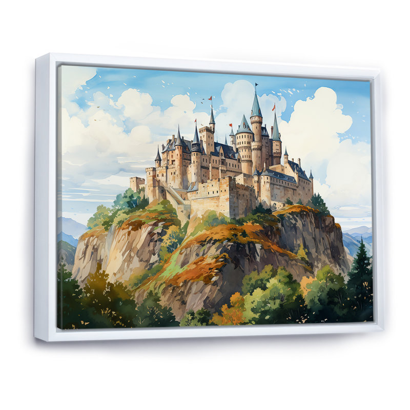 Ancien château dans les montagnes, harmonie - châteaux, art mural, Cadre flottant blanc, H 34 po x l 44 po x P 1,5 po