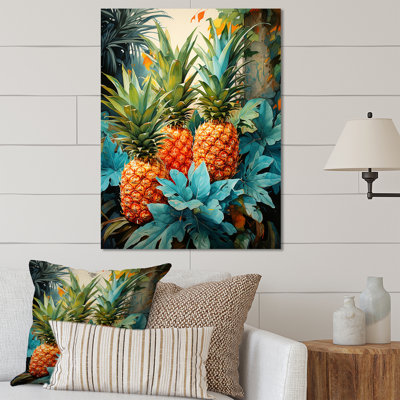 Ananas vert et bleu, paradis tropical I - fruits, art mural en métal