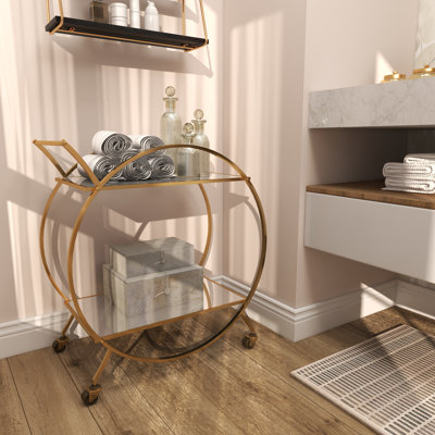 Bray Gold Metal Rolling Round 2 Mirrored Shelf Bar Cart with Top Handle