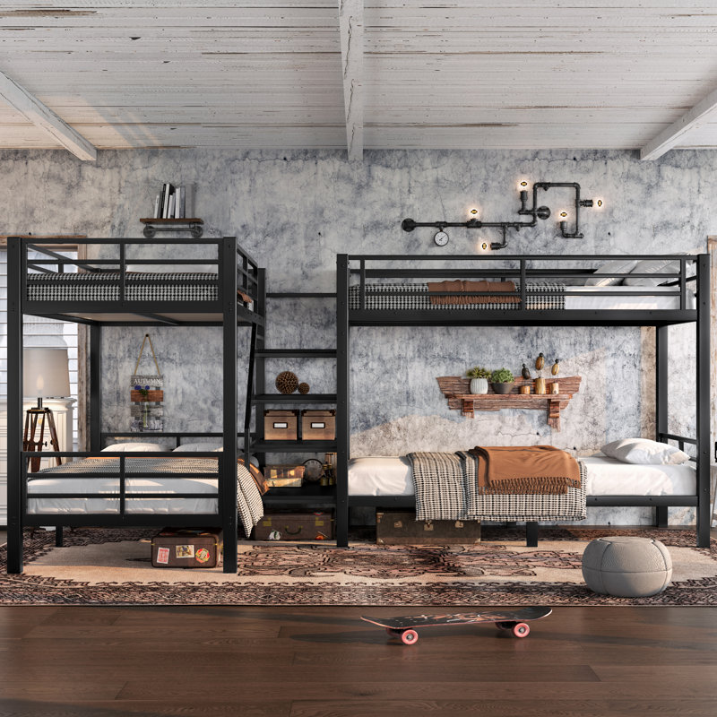 Lit simple superposé en forme de L avec tablettes de rangement et garde-corps de sécurité, peu encombrant, noir