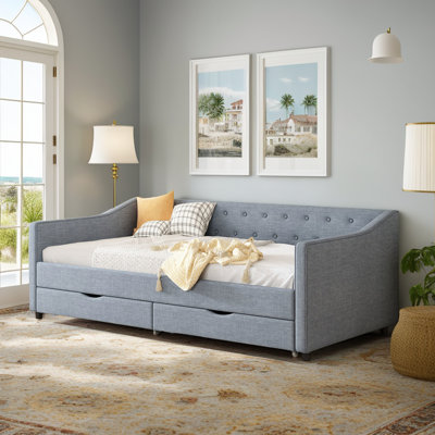 Twin Size Upholstered Daybed With 2 Drawers, Sofa Bed With Waved Shaped Arms And Wood Slat Support For Bedroom,Living,Dark Grey