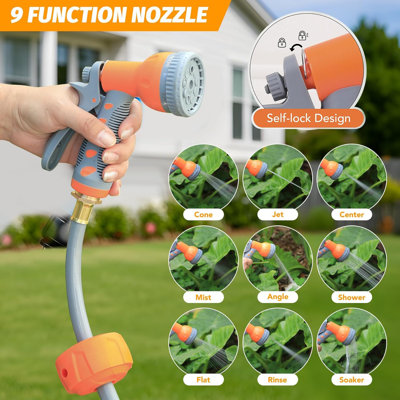 Boyau d'arrosage rétractable 1/2 po x 130 pi. Fixation murale avec rembobinage automatique. Buse de pulvérisation à 9 motifs. Verrouillage à longueur réglable. Utilisation extérieure durable