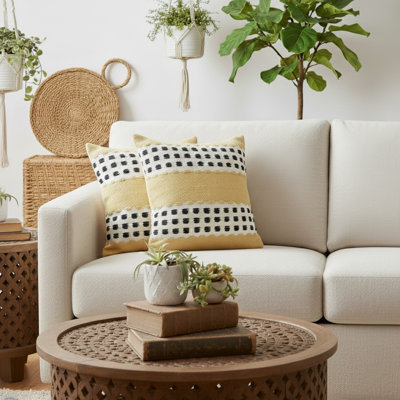 Ensemble de housse de coussin décoratif en coton à rayures jaunes