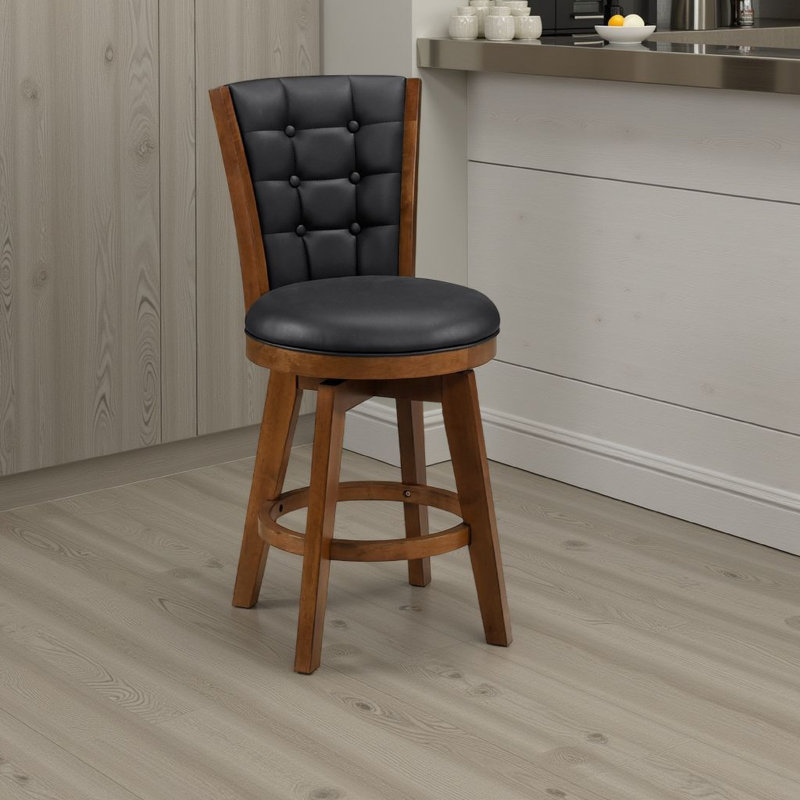 Core Set Of 2 Swivel Barstool Chairs, Brown Wood, Black Faux Leather, Counter Stool (25” Seat Height)