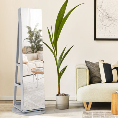 360° Rotating Mirrored Jewelry Cabinet Armoire 3 Color LED Modes Lockable 