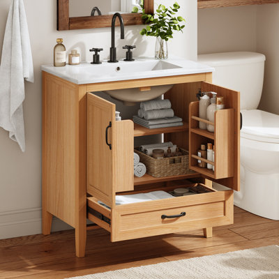 30" Natural Wood Bathroom Vanity with Ceramic Sink Top, Solid Wood Legs, and Soft-Close Storage