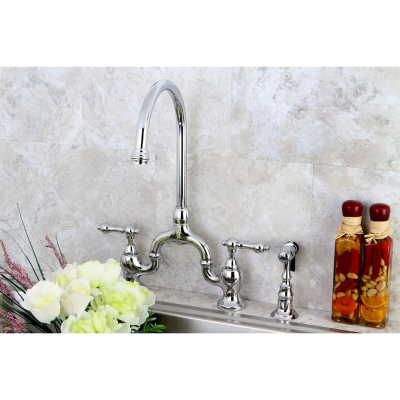 Kingston Brass English Country Two-Handle 3-Hole Deck Mount Bridge Kitchen Faucet with Brass Side Sprayer, Polished Chrome