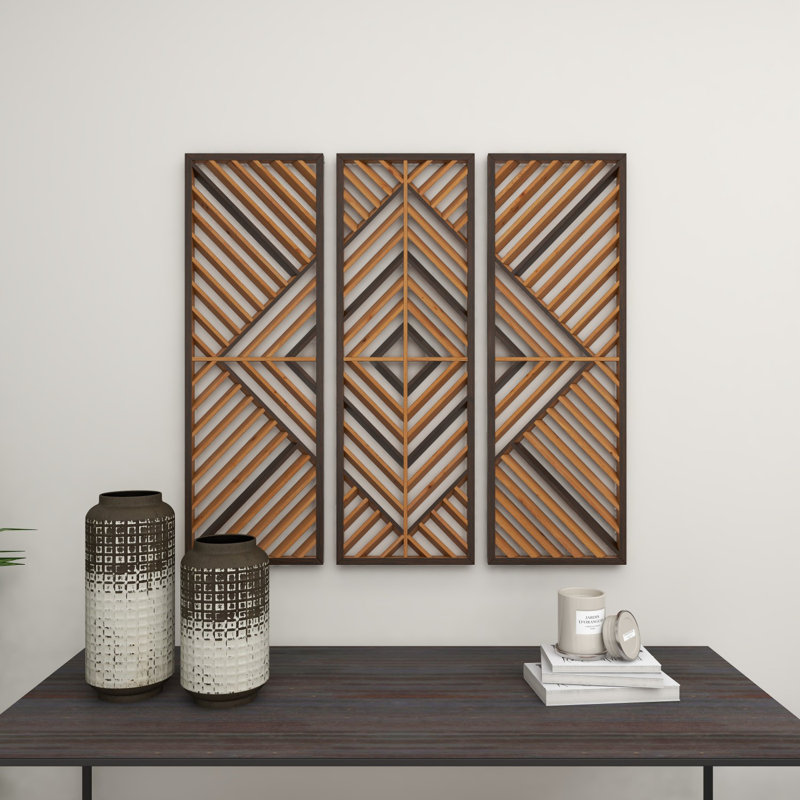 Wood Slatted Wood Design Geometric Brown Wall Decor Set