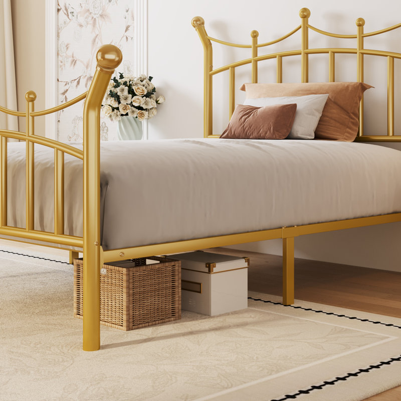 Retro Style Teen Girls Dream Crown Shaped Metal Platform Bed, No Box Spring Needed, Gold, Twin