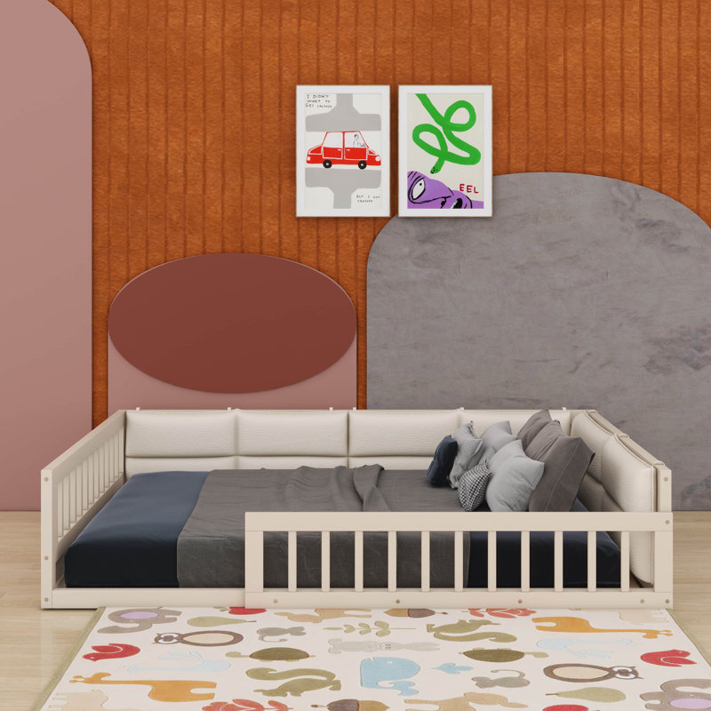 Lit plateforme double avec garde-corps et coussin, Beige