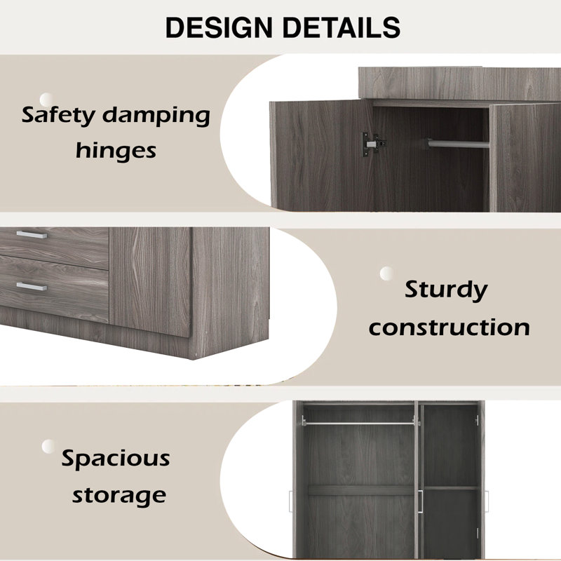 Armoire 3 portes avec 2 tiroirs, Gris