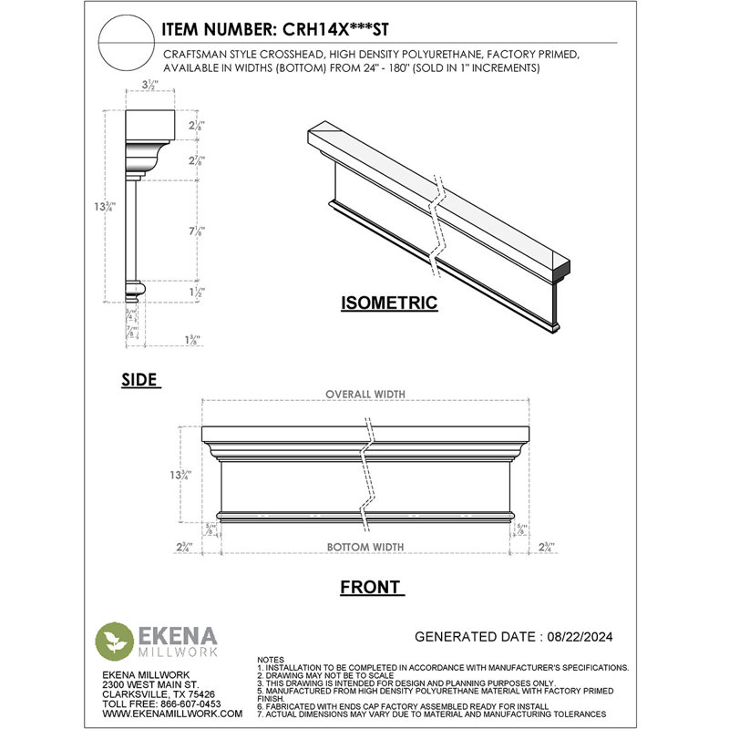 Endurathane Craftsman Crosshead, 63" Bottom Width x 68 1/4" Top Width x 13 3/4"H x 7/8"P, Factory Primed, 63 inches