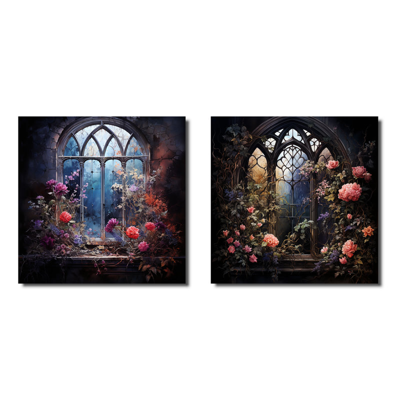 Floral Gothic Church Windows View I - Window Canvas Prints Set Of 2, Wrapped Canvas, 16" H x 33" W x 1" D