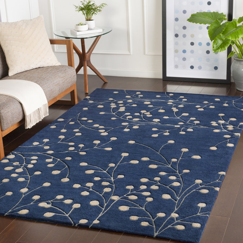 Elsberry Hand Tufted Wool Floral Indoor Rug, Rectangle 6' x 9', Navy 
