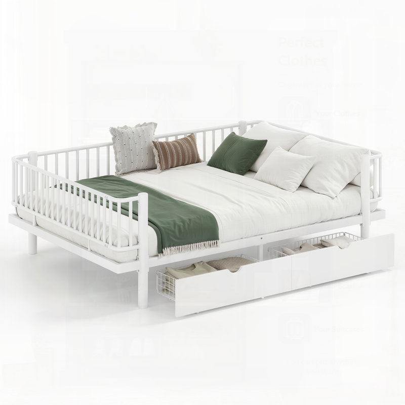 Lit plateforme avec tiroirs de rangement, structure de lit de jour en métal avec conception de tuyau rond de sécurité améliorée, conception à profil bas pour les chambres modernes