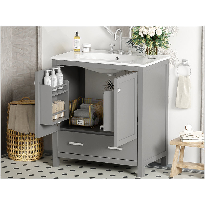 Meuble-lavabo de salle de bain avec lavabo simple, armoire encastrée combinée, Blanc