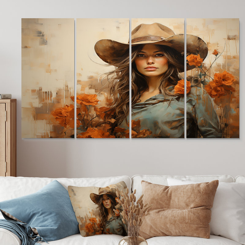 «Western West Floral Wild Cow Gril - Western», art mural 4 pièces, H 28 po x l 48 po