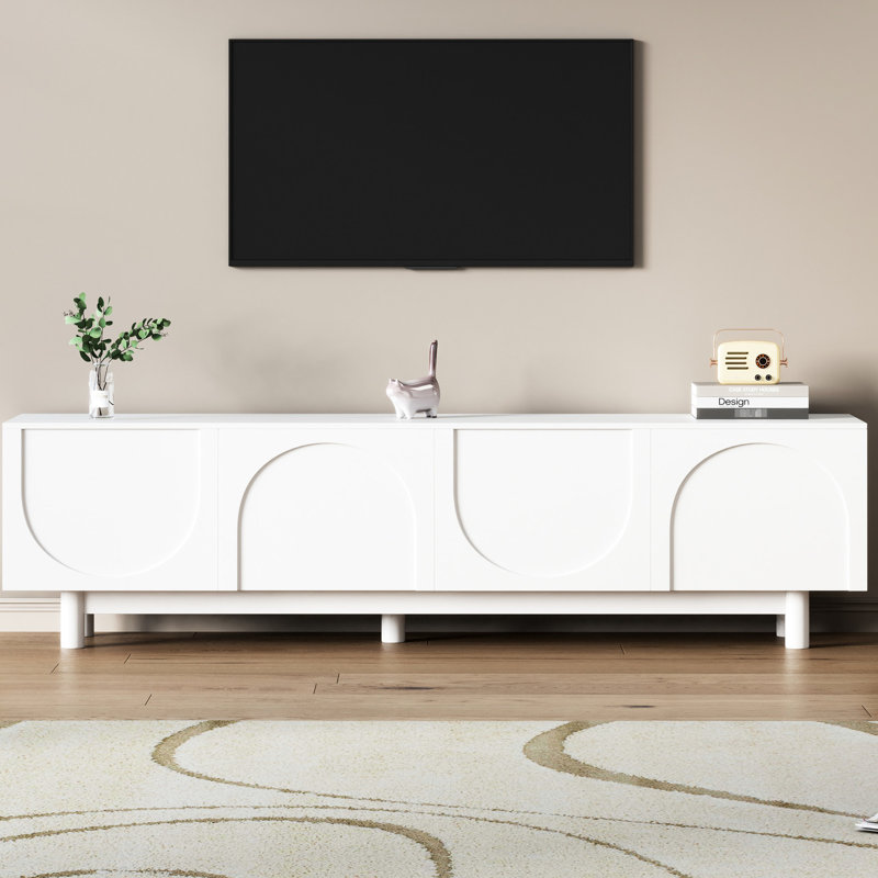 Meuble audio-vidéo Graceful pour téléviseur de 78 po: blanc, armoires en arche, pieds en bois massif, tablettes réglables, support de téléviseur luxueux: arrangement minimaliste soigné