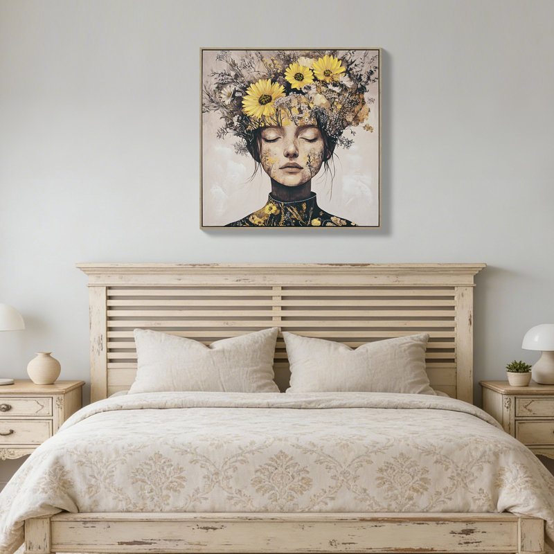 «Beauty Lady with Flower Head», art mural encadré floral rose blanc