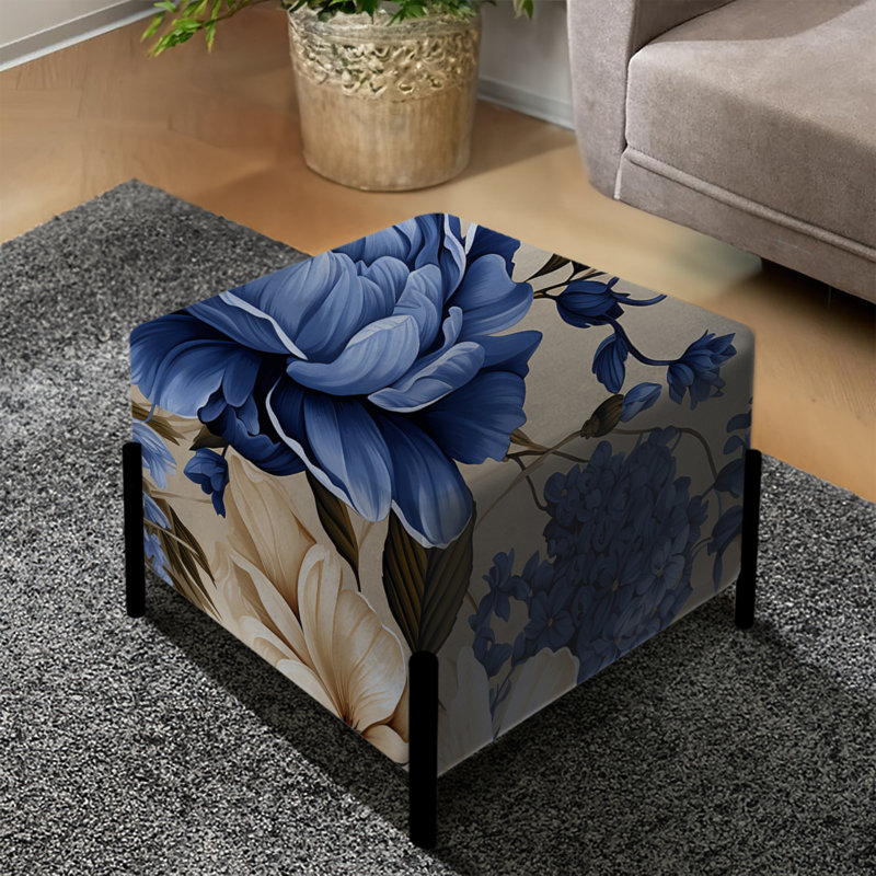 Repose-pieds carré bleu à motif floral victorien III