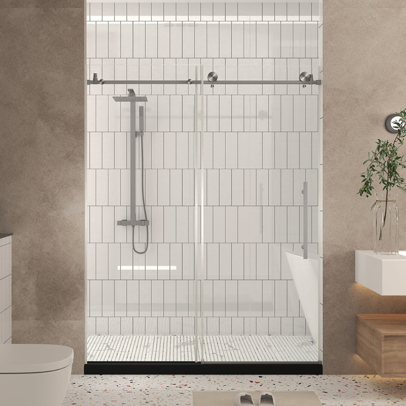 Frameless Shower Door 56-60 "W X 76" H, 1/4 "(6 Mm) Clear Tempered Glass, Explosion Proof Film, Stainless Steel Handle,Brushed Nickel