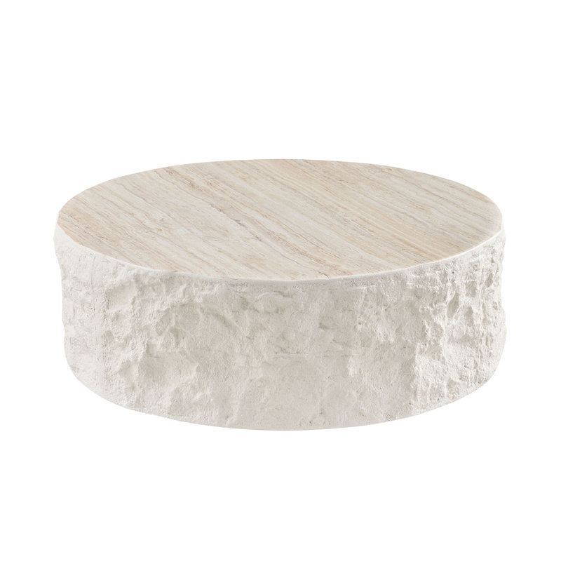 Round Coffee Table with Faux Marble Top, Fiberglass Center Table with Stone-Textured Sides for Living Room, Lounge, or Seating Area