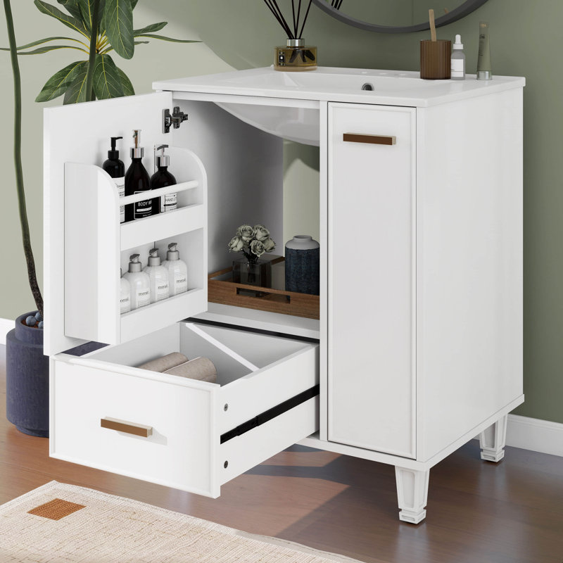 Meuble-lavabo 24 po avec lavabo, meuble de rangement autoportant avec tablette de porte, panier coulissant à 2 niveaux et tiroir profond