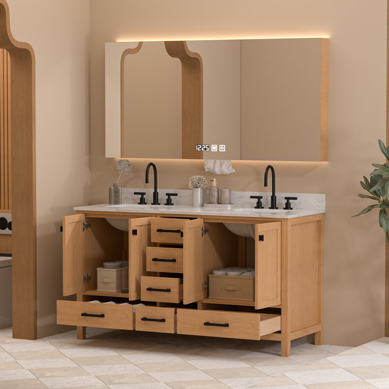 Ensemble de meuble-lavabo double 60 po avec comptoir en pierre artificielle sans miroir 60 po, 2, 60