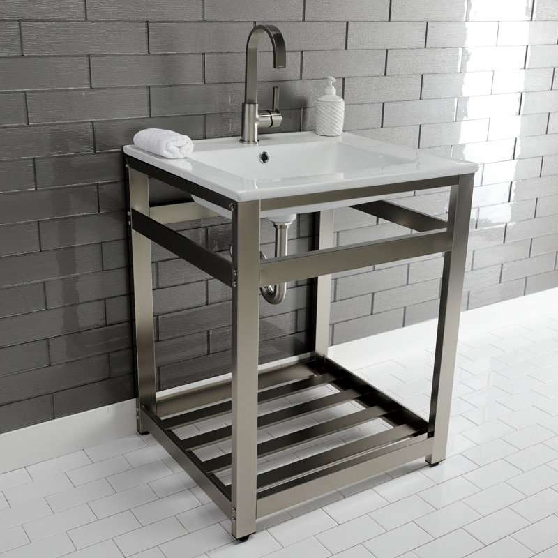 Kingston Brass Quadras 25-Inch Ceramic Console Sink with Stainless Steel Base and Shelf, Single, White/Brushed Brass