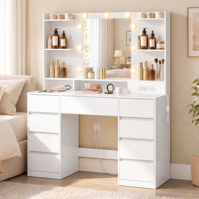 Table de maquillage l 43,5 po avec station de charge, bureau de coiffeuse avec miroir éclairé et 9 tiroirs, assemblage de rail sans outil
