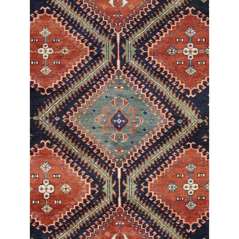 Hand-Knotted Ivory and Navy Wool Oriental Rug 7' x 10'