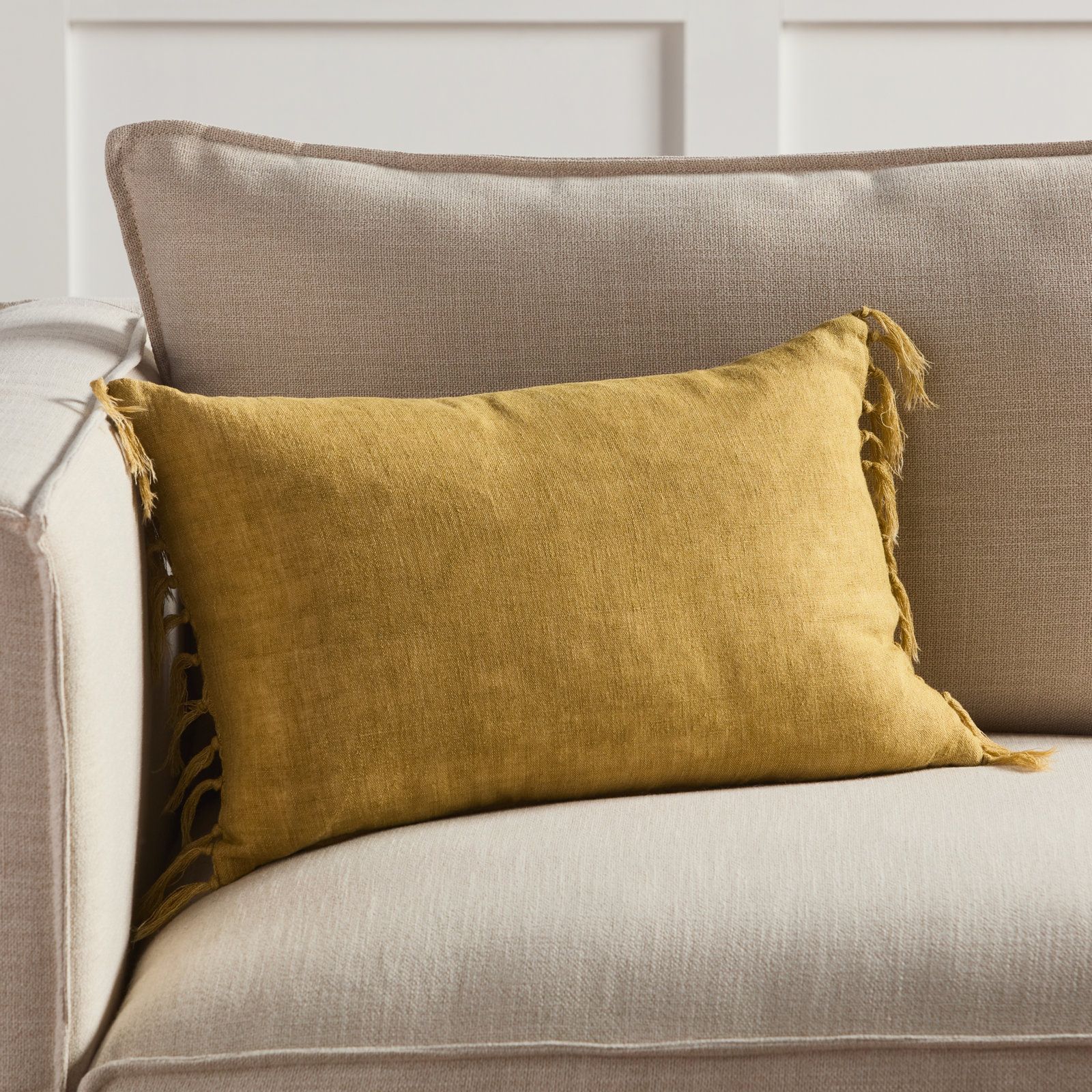 Sharron Tassels Linen Lumbar Throw Pillow, Yellow, Down