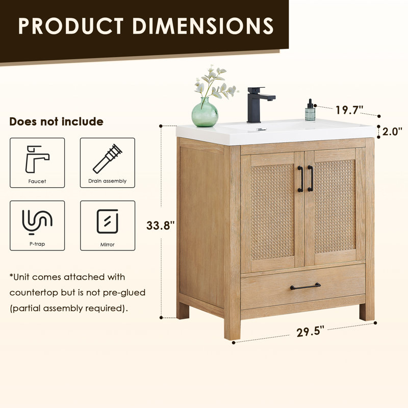 Bondi 30" Single Bathroom Vanity in Light Brown with White Artificial Drop-in Sink without Mirror