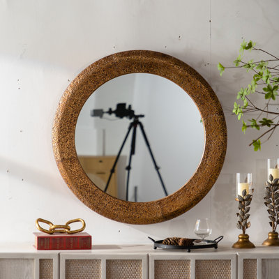 31.3" Hammered Gold Round Wall Mirror - Iron Frame & MDF Back Decorative Mirror, Rustic Accent Mirror For Living Room/Bedroom