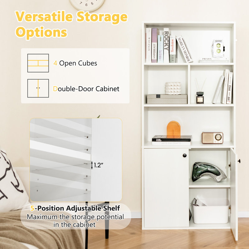 Bibliothèque H 61 po x l 27,5 po avec portes, bibliothèque haute avec armoire de rangement, tablettes verticales pour le bureau personnel