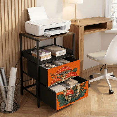 Table de chevet 2 tiroirs avec station de charge, table de chevet pour chambre à coucher avec ports USB, tablette ouverte noire, table de chevet avec imprimé rétro de champignons botaniques rouges et orange