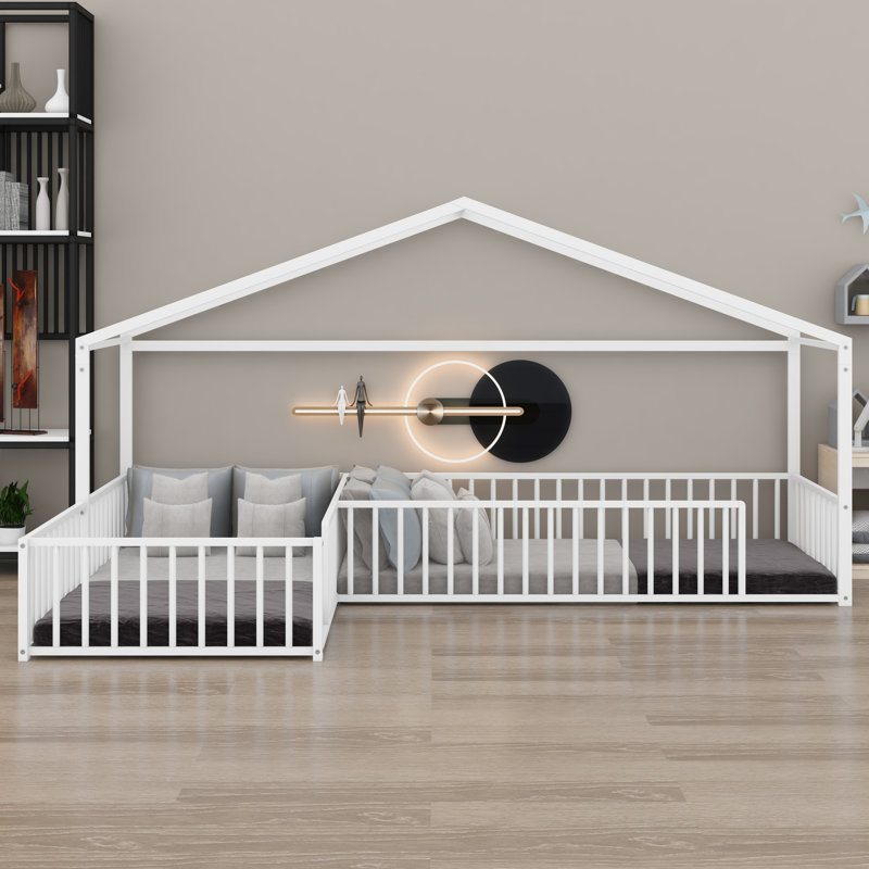 Lit double en L Montessori, structure de maison d'angle avec clôture, Blanc