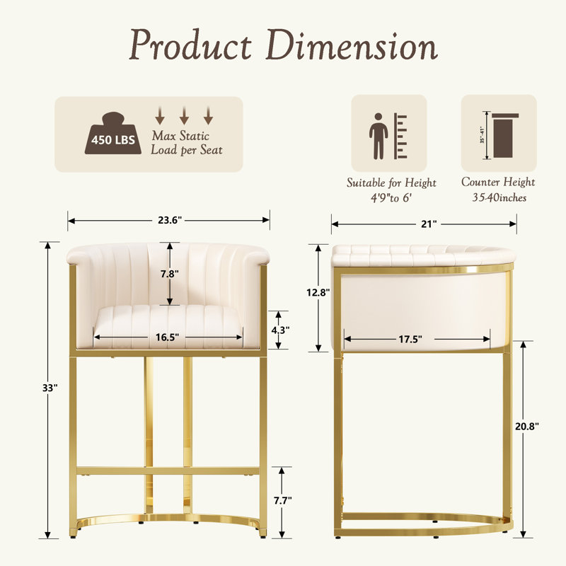 26" Counter Height Bar Stool Set of 1 Barrel Counter Stool With Backrest,Off White PU Leather Metal, Gold, White Faux Leather