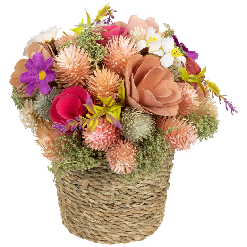 7" Multicolor Fabric and Wood Spring Floral Arrangement in Woven Pot