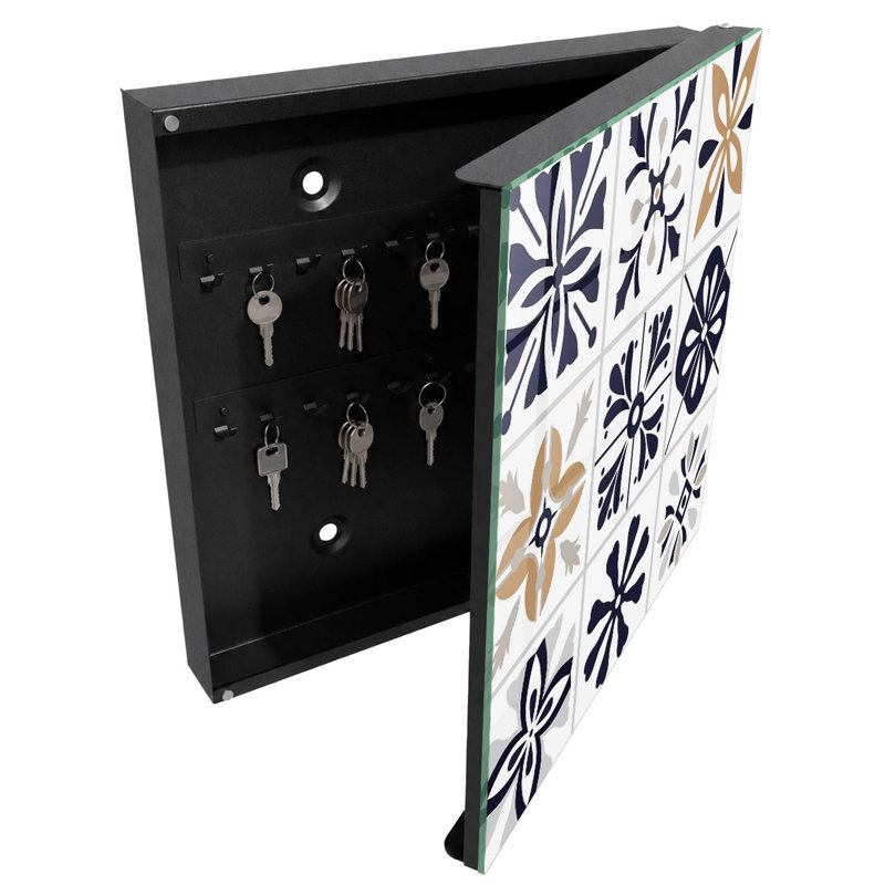 Key box for wall, Opens to the right, 30x30x5, White, Geometric patterns in dark and light tones, 