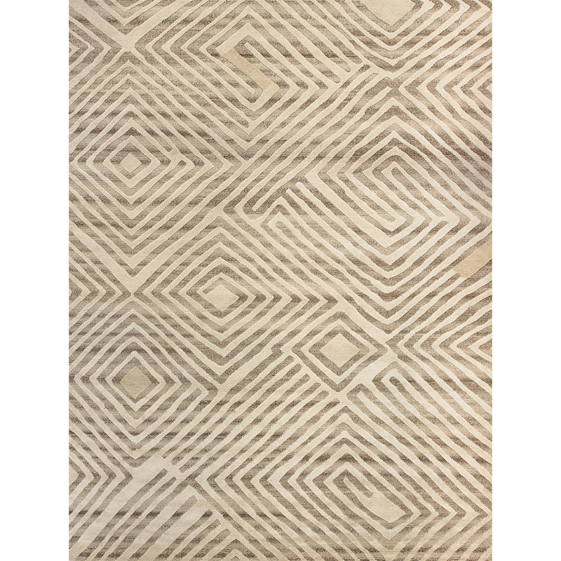 Hand Knotted Geometric Area Rug in Ivory/Brown, Rectangle 6' x 9'