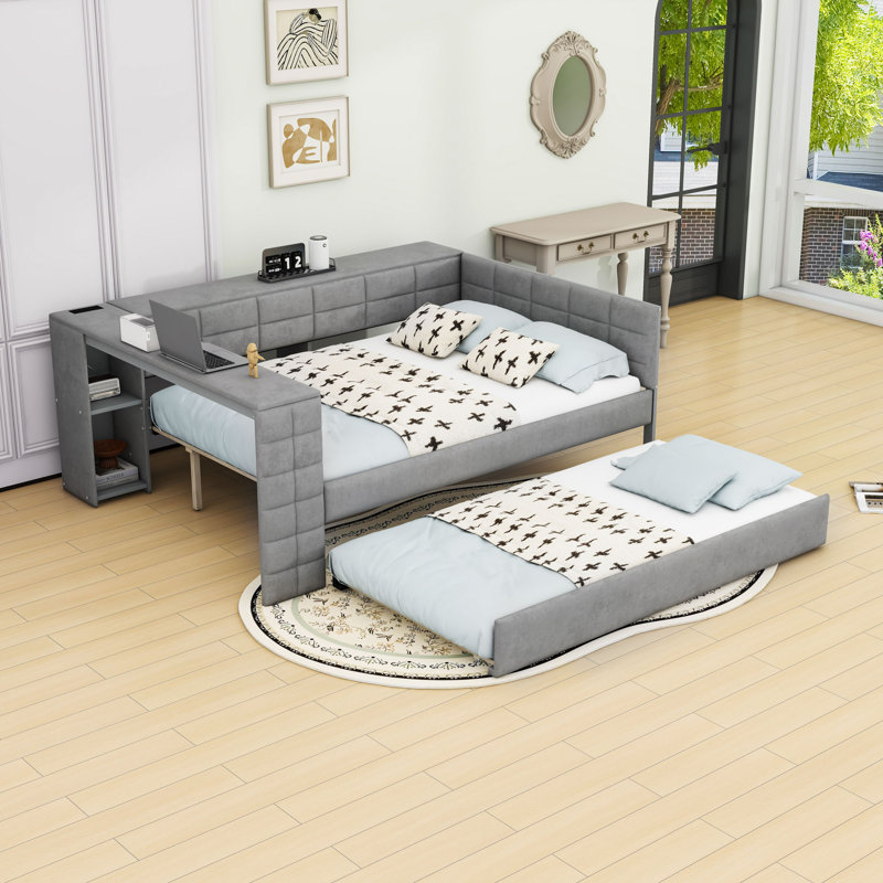 Full Size Velvet Upholstered Daybed with Built-In Twin Trundle, Desk, Shelves, Outlets and USB Ports, Gray