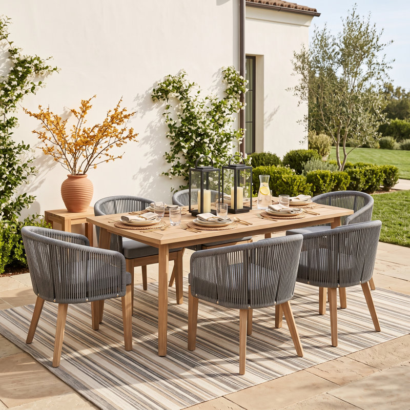 Bowery 7-Piece Acacia Wood Outdoor Patio Dining Set for 6 with Cushions – Rectangular Table, Rope Weave Chairs & Umbrella Hole-  Grey