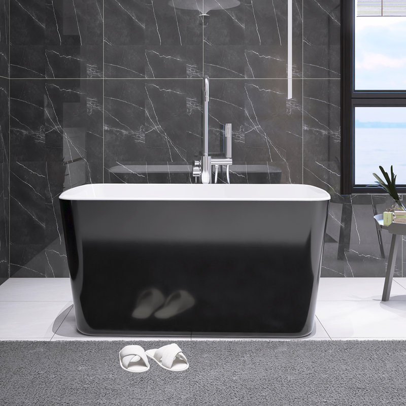 49'' Acrylic Freestanding Soaking Bathtub With Chrome Overflow And Quick Drain, Glossy Black Outside