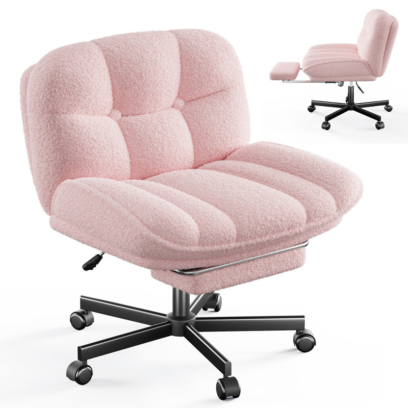 6.3" Thick Cushioned Cross Legged Swivel Office Chair With Foot Rest And Wheels, Height Adjustable, Pink